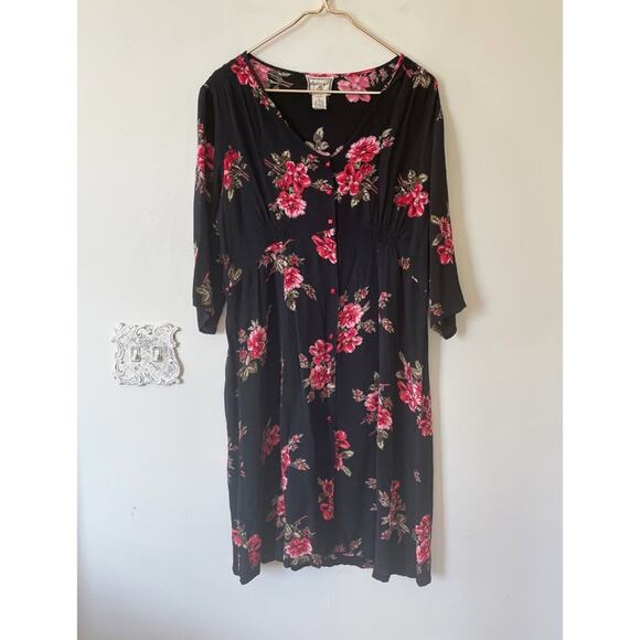 Vintage 90s April Cornell Black Rose Smocked Midi Dress S Cottage Grunge - Picture 1 of 9